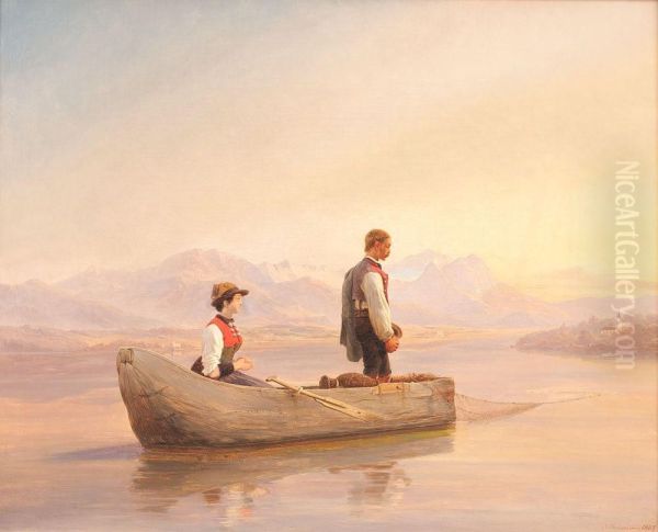 Andachtiges Fischerpaar Auf See Oil Painting by Niels Simonsen