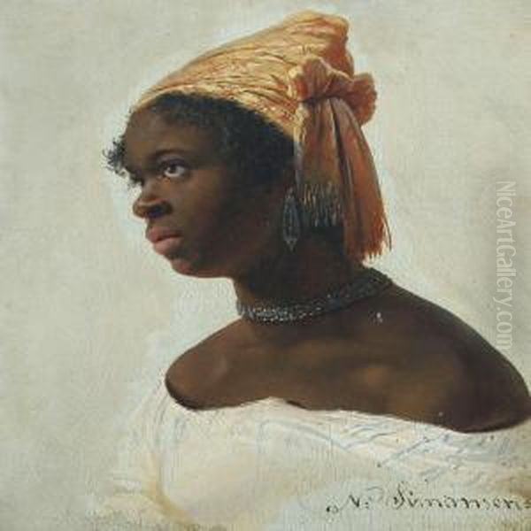 Portrait Of An African Woman In A White Dress Oil Painting by Niels Simonsen