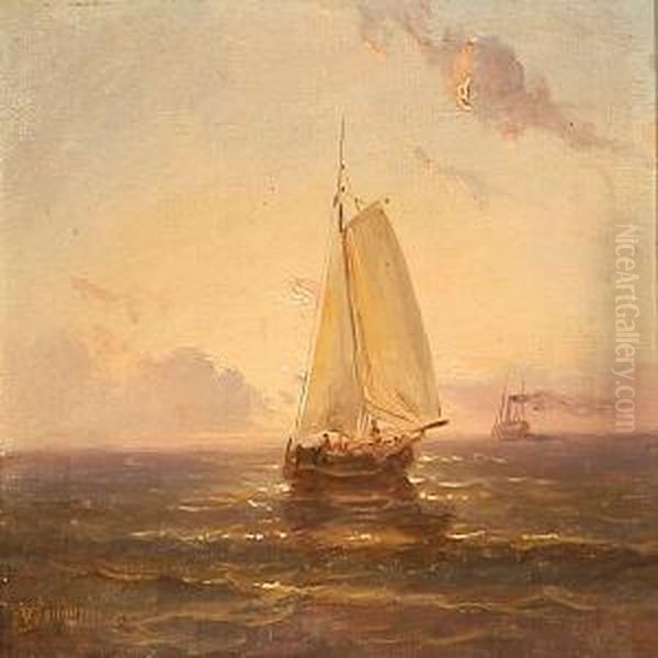 Marine With Sailing Ships On A Quietevening Oil Painting by Niels Simonsen