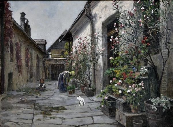 Bluhende Blumen In Einem Innenhof, Im Hintergrund Mutter Mit Kind Und Katze. Oil Painting by Stefan Simony