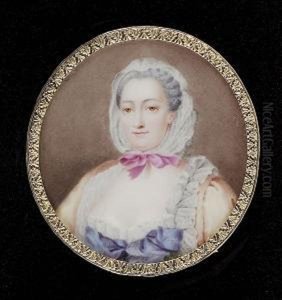 A Lady, Wearing 18th Century Dress, Her Ochre-coloured Gown With Blue And White Underdress, Her White Indoor Cap Tied With A Pink Ribbon Over Her Powdered Hair Oil Painting by John Simpson