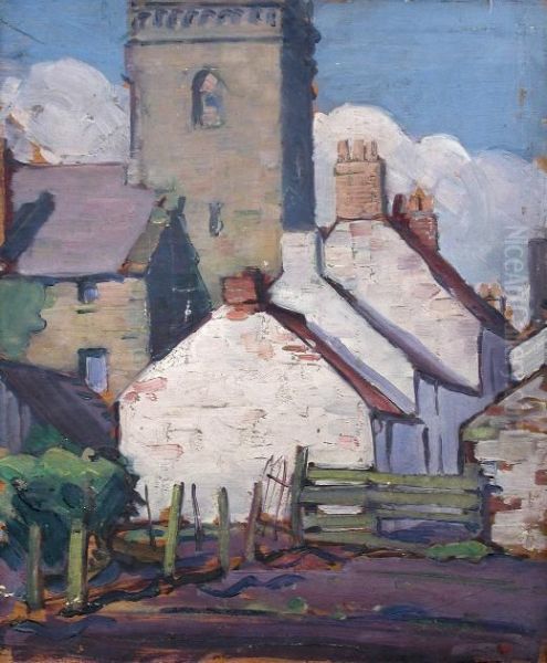 Cottages By A Church Oil Painting by Joseph Simpson