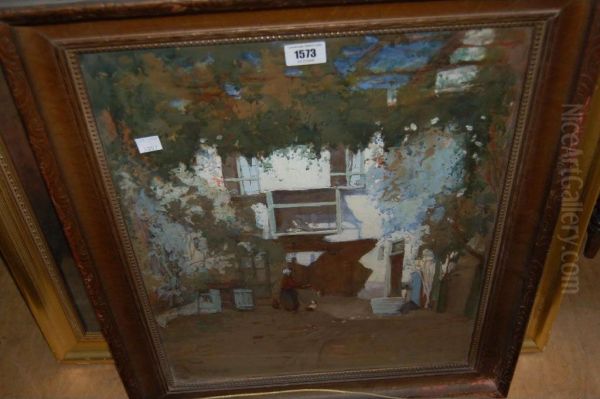 View Of A Figure Feeding Chickens In A Courtyard Oil Painting by Mary Goudie Simpson