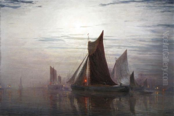 Shipping In An Estuary In Moonlight Oil Painting by William Simpson