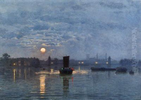 The Thames At Night Oil Painting by William Simpson