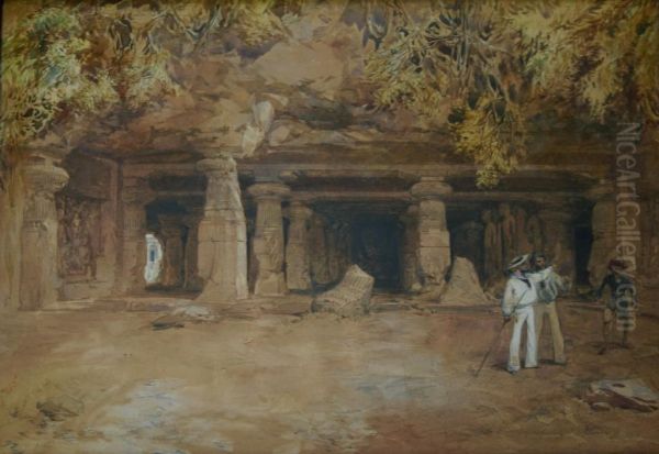 Temple Of Elephanta Near Bombay Oil Painting by William Simpson