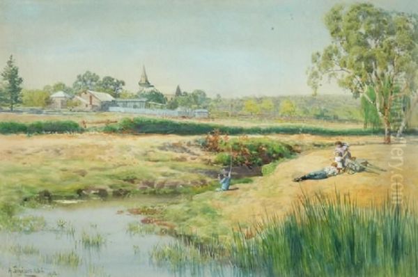 Children Fishing By The Stream Oil Painting by Alfred Sinclair