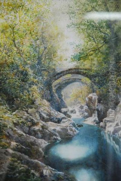 Bridge Over The Stream Watercolour Signed Asinclair Oil Painting by Alfred Sinclair