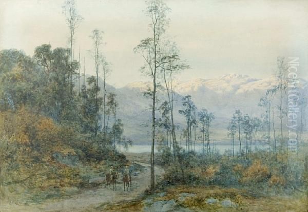 Mounted Figures Before A Lake Landscape Oil Painting by Alfred Sinclair