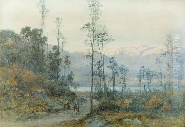 Mounted Figures Before A Lake Landscape, Withmountains In The Distance Oil Painting by Alfred Sinclair