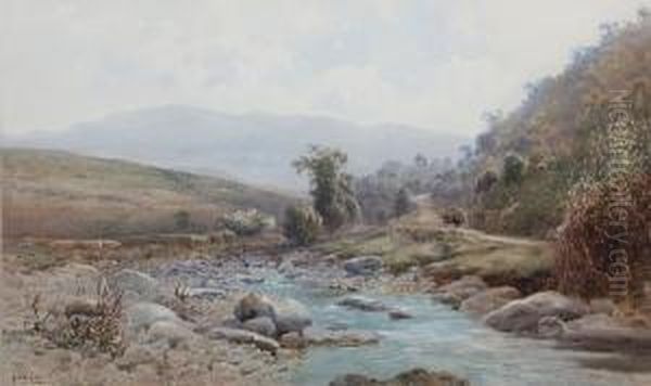 Haycart By A Mountain Stream Oil Painting by Alfred Sinclair