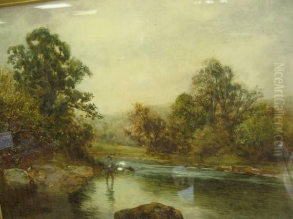 Fishermen At The Streams Edge Oil Painting by Alfred Sinclair