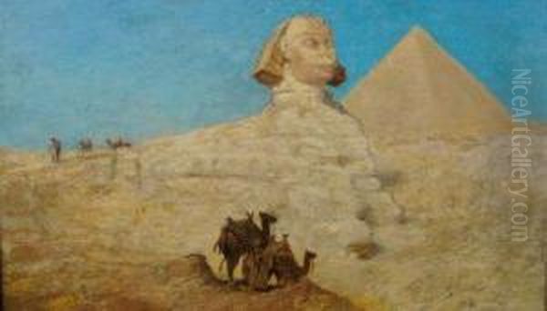 Egyptian Desert With Figures And Camels Before Sphinx And Pyramid Oil Painting by John Sinclair