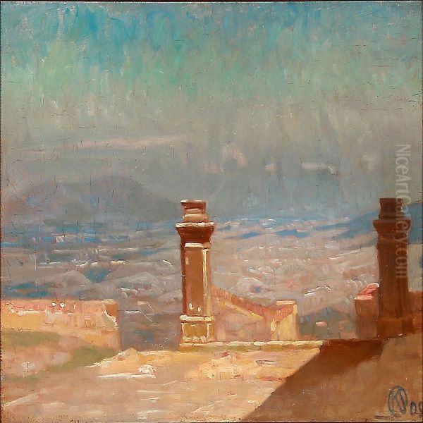 Southern Landscape With A View Over A City Oil Painting by Knud Sinding