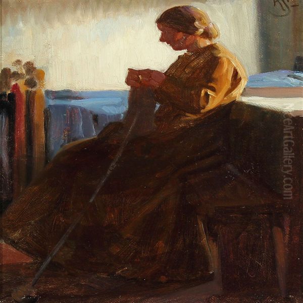 Interior With Woman Knitting Oil Painting by Knud Sinding