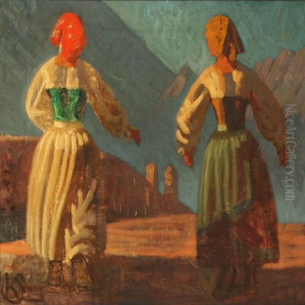 Two Italian Womenwalking Along The Town Wall Oil Painting by Knud Sinding