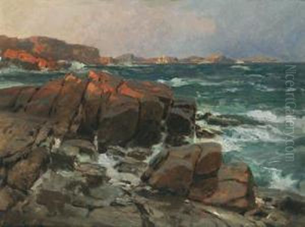 Waves Breaking On The Norwegian Coast Oil Painting by Otto Sinding