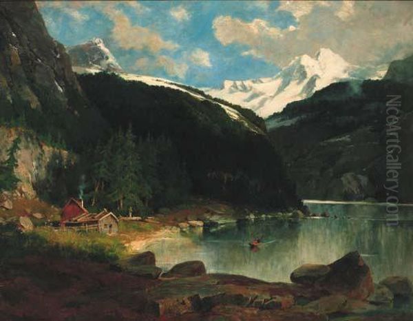 Figures Boating On A Fjord Oil Painting by Otto Ludvig Sinding