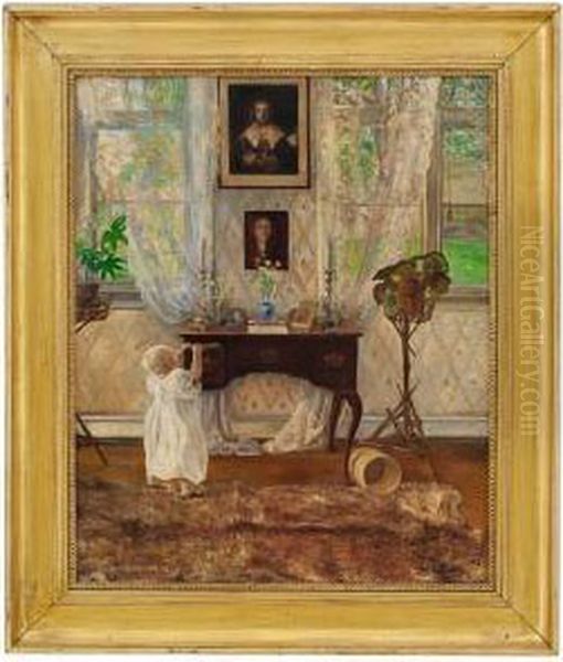 The Boy In Thelivingroom 1903 Oil Painting by Sigmund Sinding