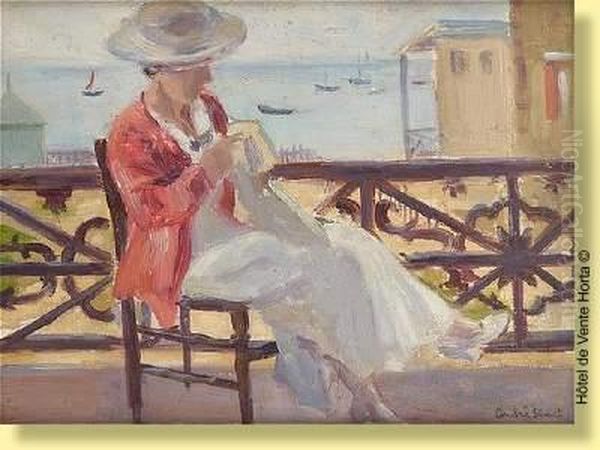 Jeune Femme A La Balustrade Oil Painting by Andre Sinet