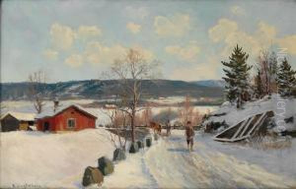 Vinterlandskap Med Gardsbruk Og Folkeliv Oil Painting by Andreas Singdahlsen