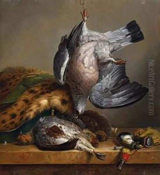 Hunting Still Life With Partridges And Hunting Utensils Oil Painting by Diederick Jan Singendonck