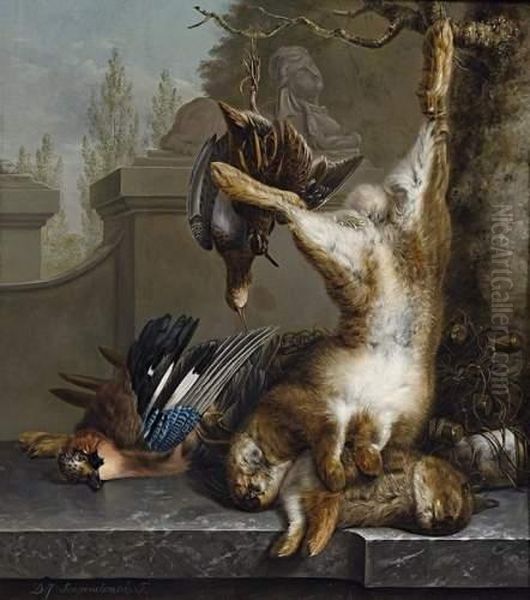 Hunting Still Life With Rabbits And Partridges Oil Painting by Diederick Jan Singendonck