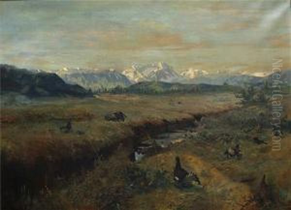 Voralpenlandschaft Mit Auerhahnen Oil Painting by Albert Singer