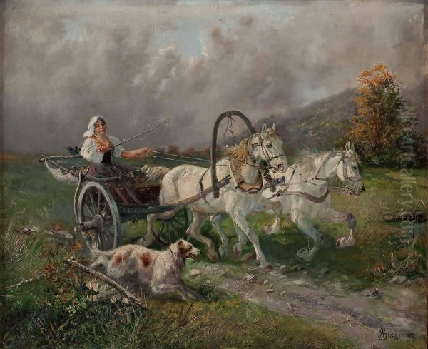 Junge Bauerin Mit Pferdegespann Auf Der Flucht Vor Aufkommendem Gewitter Oil Painting by Albert Singer