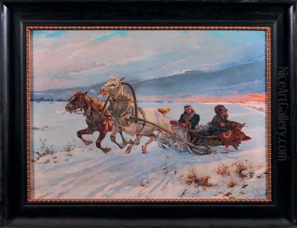 Ucieczka Przed Wilkami, 1908 R. Oil Painting by Albert Singer