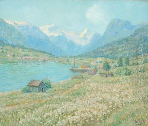 Mountains In A Norwegian River Landscape Near Olden Oil Painting by William Henry, Singer Jnr.