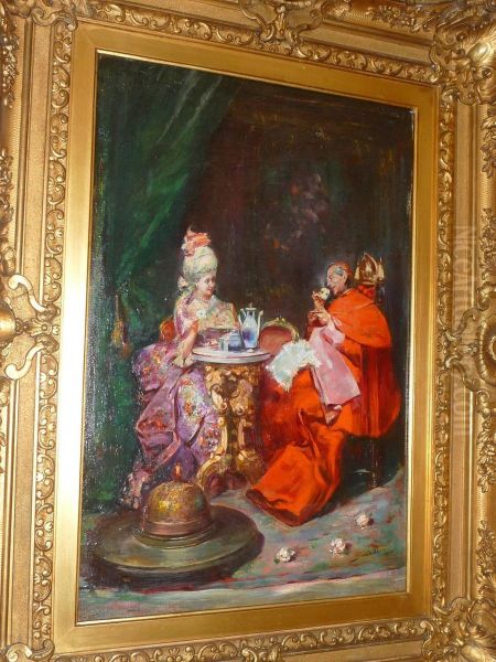 Elegantly Dressed Young Lady Taking Tea With A Cardinal Oil Painting by Jean Paul Sinibaldi