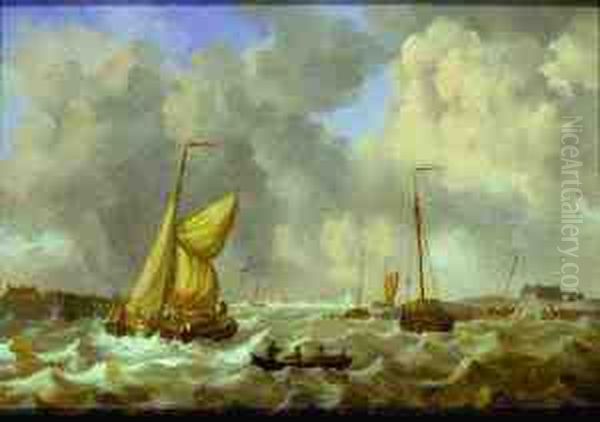 Fisherboats On Rough Seas In A Harbor Oil Painting by Joseph Sipkes