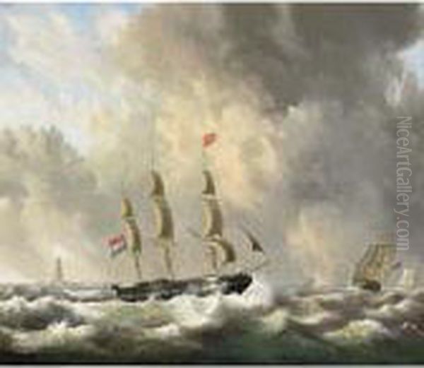 A Threemaster In A Stiff Breeze, A Light House Beyond Oil Painting by Joseph Sipkes