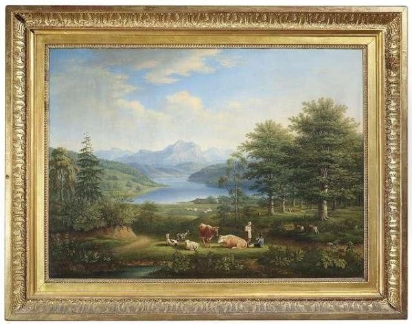 Wide River-landscape With Herdsmen On A Bank Oil Painting by Gerhard Sipmann