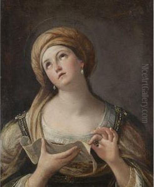 A Sibyl, Half Length, Holding A Cartellino Oil Painting by Giovanni Andrea Sirani