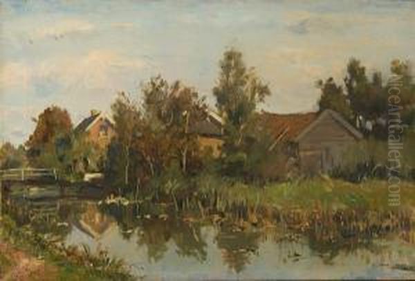 River Scene With Buildings Oil Painting by Jan Sirks