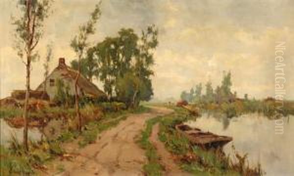 Farm On A Canal Oil Painting by Jan Sirks