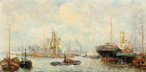 Ships In The Harbour Of Rotterdam Oil Painting by Jan Sirks