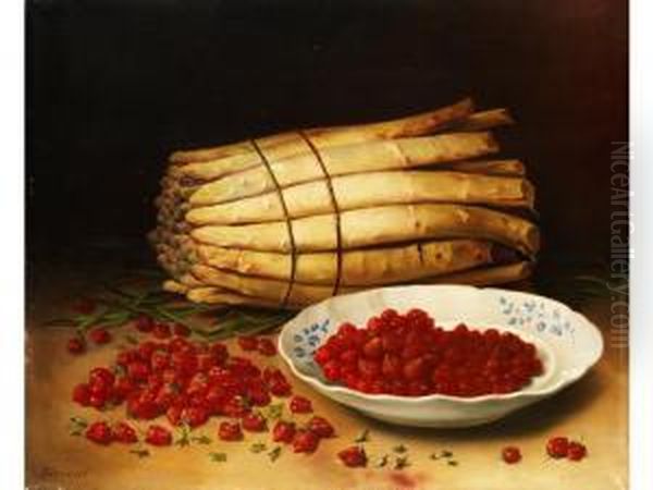 Stilleben Mit Spargel Und Erdbeeren Vor Dunklem Hintergrund Oil Painting by Sirvent