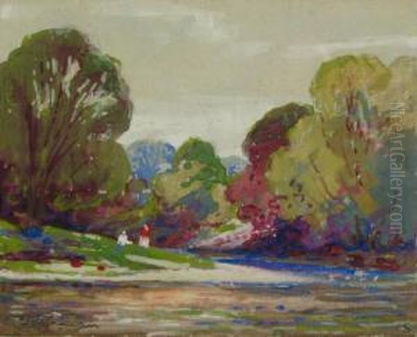 Figures On Creek Bank Oil Painting by Edward R. Sitzman