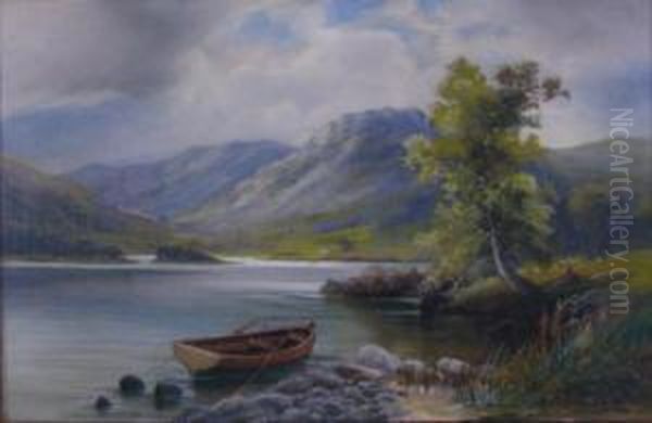 Mountainous Landscape With River And Rowboat Oil Painting by Edward R. Sitzman