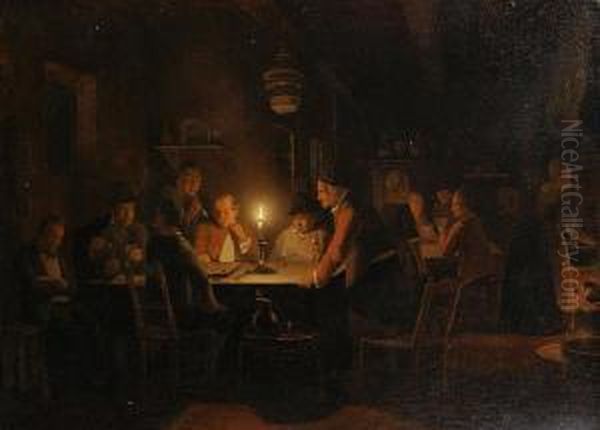 Tavern Scene, Playing Draughts Bycandlelight Oil Painting by Pieter Gerardus Sjamaar