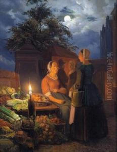 Vegetable Seller In The Moonlight Oil Painting by Pieter Gerardus Sjamaar