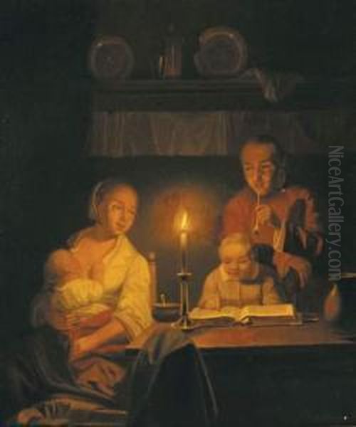 Leren Lezenbij Kaarslicht Oil Painting by Pieter Gerardus Sjamaar