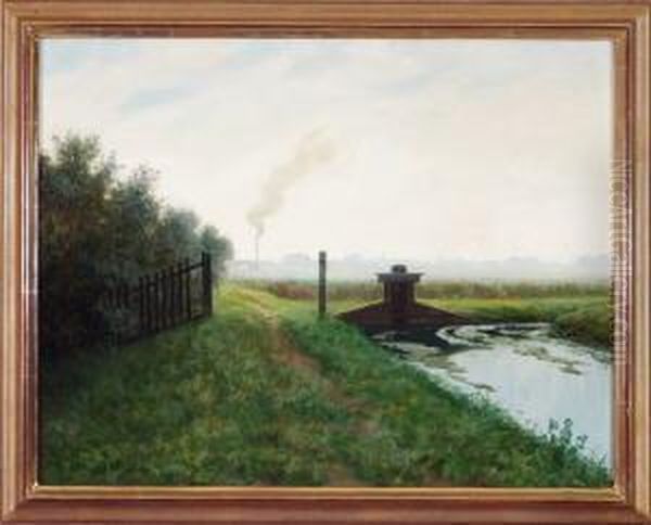 Siel In Weiter Nordischer Landschaft Mit Stadtsilhouette Oil Painting by Anker Skaga