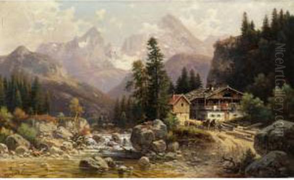 Alpenlandschaft Mit Muhlengebaude An Einem Gebirgsbachlauf Oil Painting by Ludwig Skell