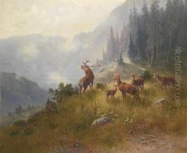 Stag With His Pack In The High Mountains Oil Painting by Ludwig Skell