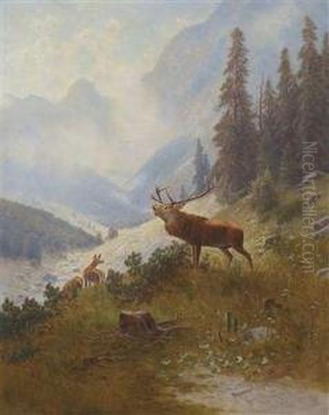 Roaring Stag In The Mountains Oil Painting by Ludwig Skell