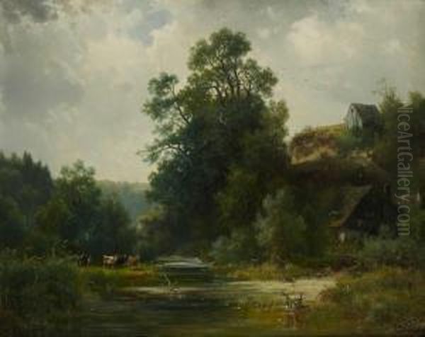 Flusslandschaft Mit Bauernhausern Oil Painting by Ludwig Skell